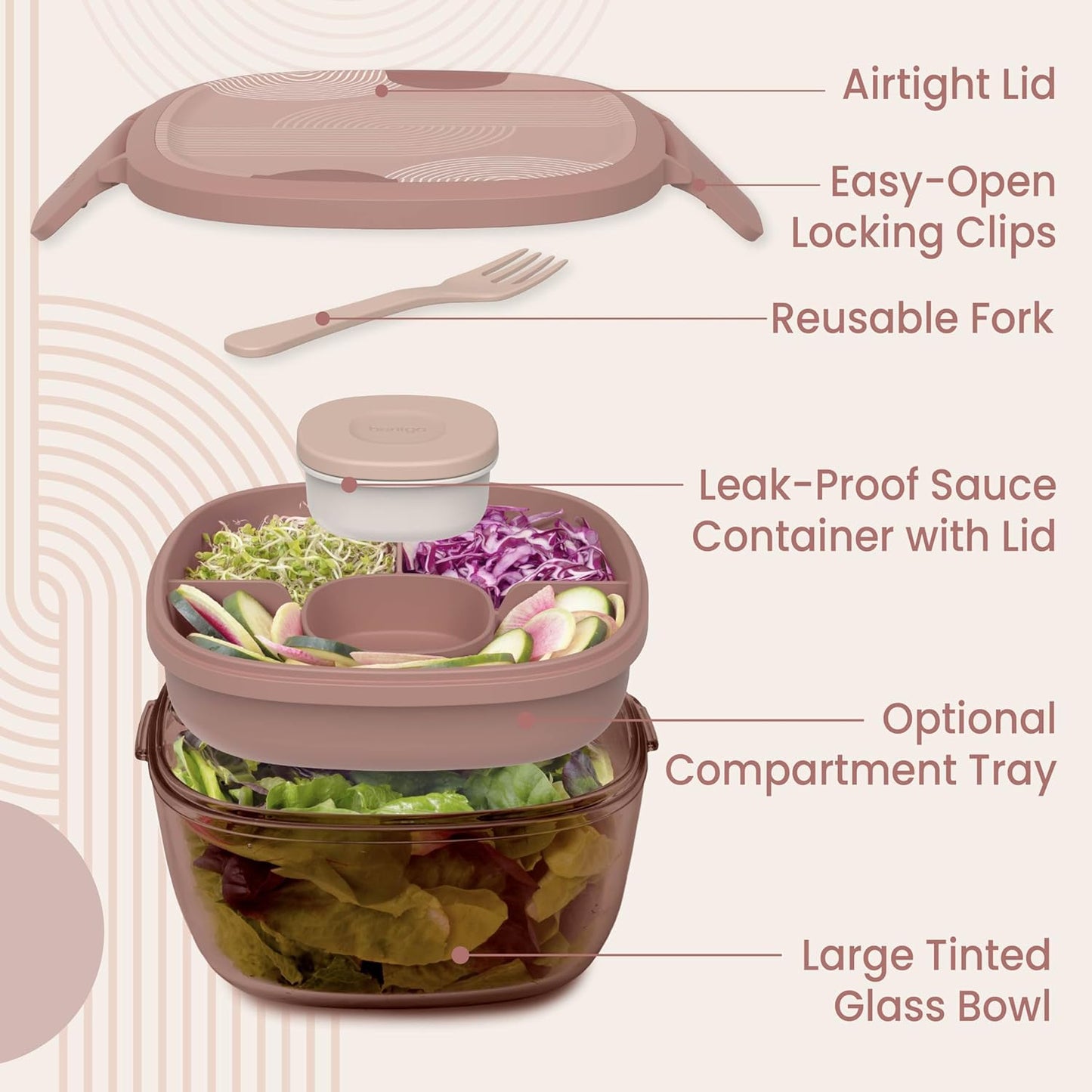 Glass Prints Salad Container - 7.6-Cup Tinted Glass Salad Bowl with Airtight Lid, Leak-Proof Sauce Container, 4-Compartment Bento Meal Prep Tray & Reusable Fork (Floral Maximalist - Sea)