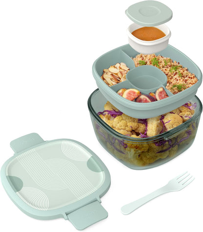 Glass Prints Salad Container - 7.6-Cup Tinted Glass Salad Bowl with Airtight Lid, Leak-Proof Sauce Container, 4-Compartment Bento Meal Prep Tray & Reusable Fork (Floral Maximalist - Sea)