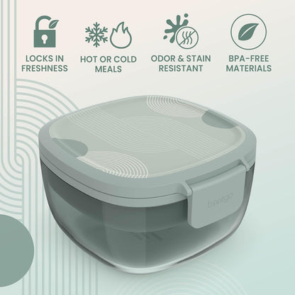 Glass Prints Salad Container - 7.6-Cup Tinted Glass Salad Bowl with Airtight Lid, Leak-Proof Sauce Container, 4-Compartment Bento Meal Prep Tray & Reusable Fork (Floral Maximalist - Sea)