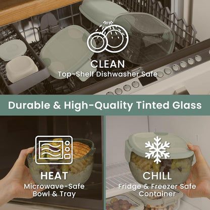 Glass Prints Salad Container - 7.6-Cup Tinted Glass Salad Bowl with Airtight Lid, Leak-Proof Sauce Container, 4-Compartment Bento Meal Prep Tray & Reusable Fork (Floral Maximalist - Sea)