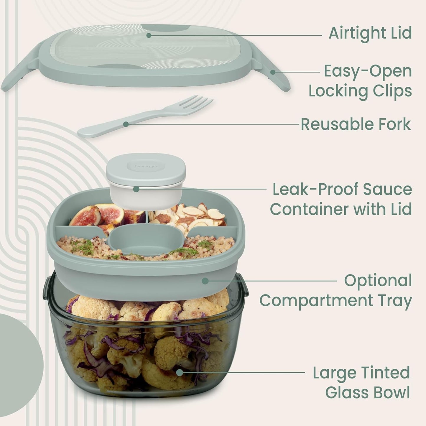 Glass Prints Salad Container - 7.6-Cup Tinted Glass Salad Bowl with Airtight Lid, Leak-Proof Sauce Container, 4-Compartment Bento Meal Prep Tray & Reusable Fork (Floral Maximalist - Sea)