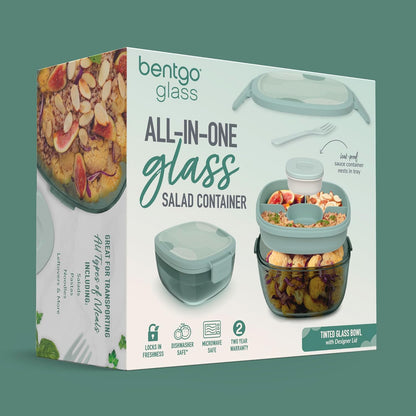Glass Prints Salad Container - 7.6-Cup Tinted Glass Salad Bowl with Airtight Lid, Leak-Proof Sauce Container, 4-Compartment Bento Meal Prep Tray & Reusable Fork (Floral Maximalist - Sea)