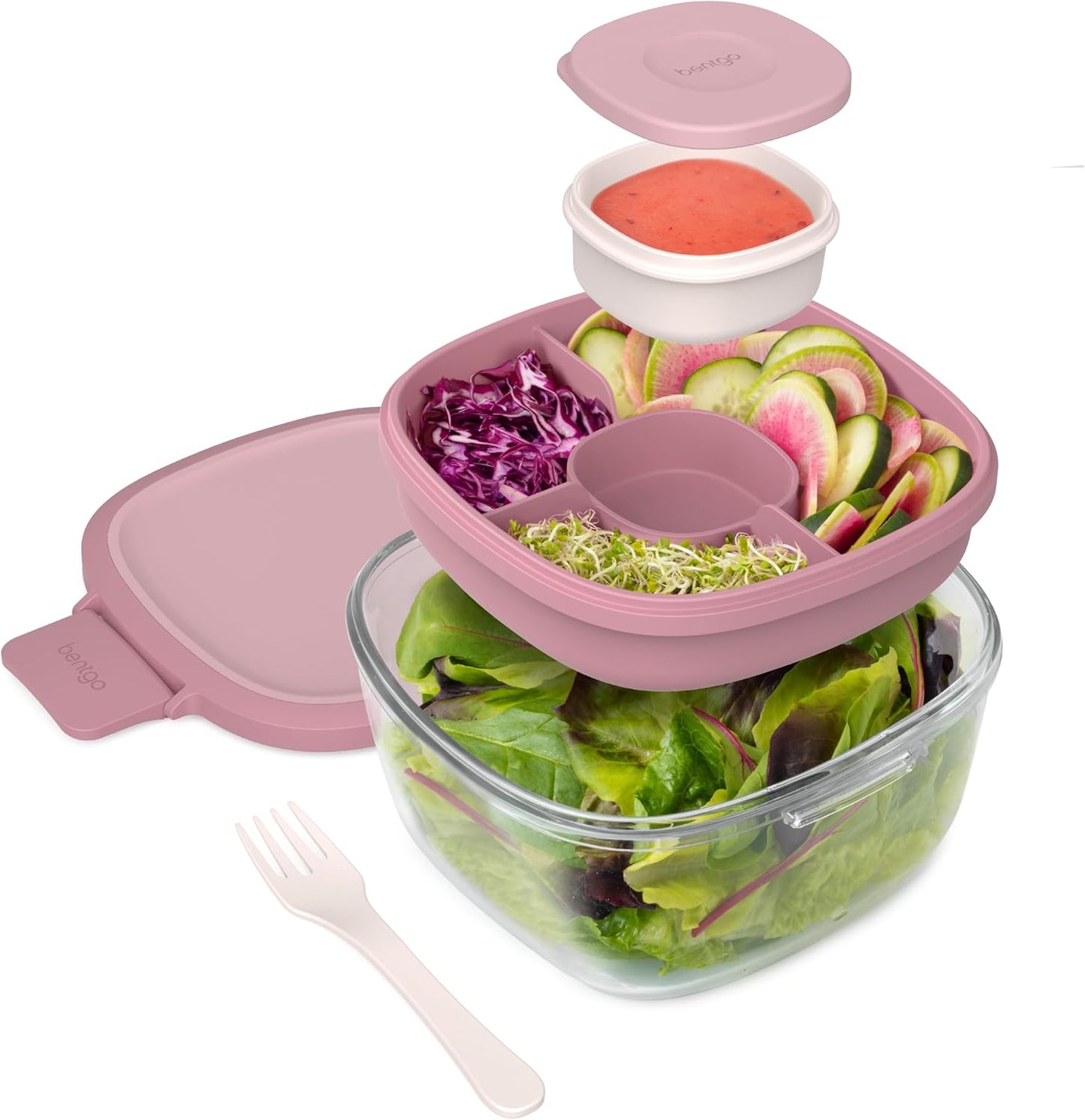 Glass Prints Salad Container - 7.6-Cup Tinted Glass Salad Bowl with Airtight Lid, Leak-Proof Sauce Container, 4-Compartment Bento Meal Prep Tray & Reusable Fork (Floral Maximalist - Sea)