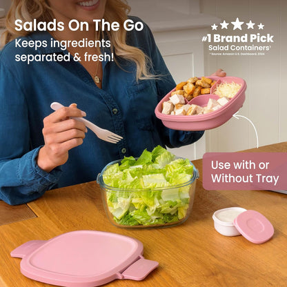 Glass Prints Salad Container - 7.6-Cup Tinted Glass Salad Bowl with Airtight Lid, Leak-Proof Sauce Container, 4-Compartment Bento Meal Prep Tray & Reusable Fork (Floral Maximalist - Sea)