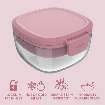 Glass Prints Salad Container - 7.6-Cup Tinted Glass Salad Bowl with Airtight Lid, Leak-Proof Sauce Container, 4-Compartment Bento Meal Prep Tray & Reusable Fork (Floral Maximalist - Sea)