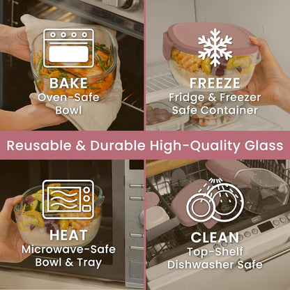 Glass Prints Salad Container - 7.6-Cup Tinted Glass Salad Bowl with Airtight Lid, Leak-Proof Sauce Container, 4-Compartment Bento Meal Prep Tray & Reusable Fork (Floral Maximalist - Sea)