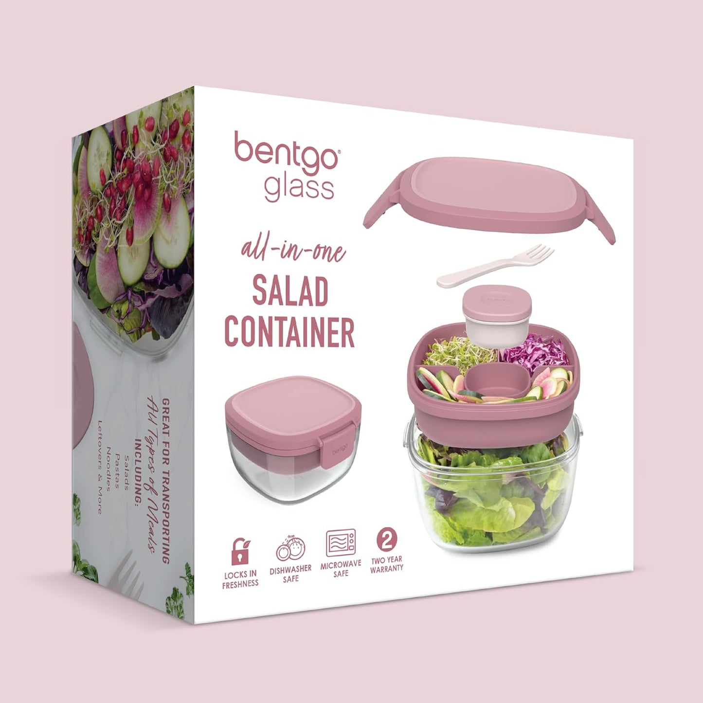 Glass Prints Salad Container - 7.6-Cup Tinted Glass Salad Bowl with Airtight Lid, Leak-Proof Sauce Container, 4-Compartment Bento Meal Prep Tray & Reusable Fork (Floral Maximalist - Sea)