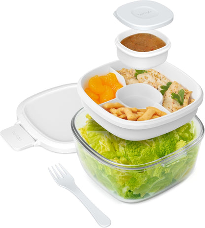 Glass Prints Salad Container - 7.6-Cup Tinted Glass Salad Bowl with Airtight Lid, Leak-Proof Sauce Container, 4-Compartment Bento Meal Prep Tray & Reusable Fork (Floral Maximalist - Sea)