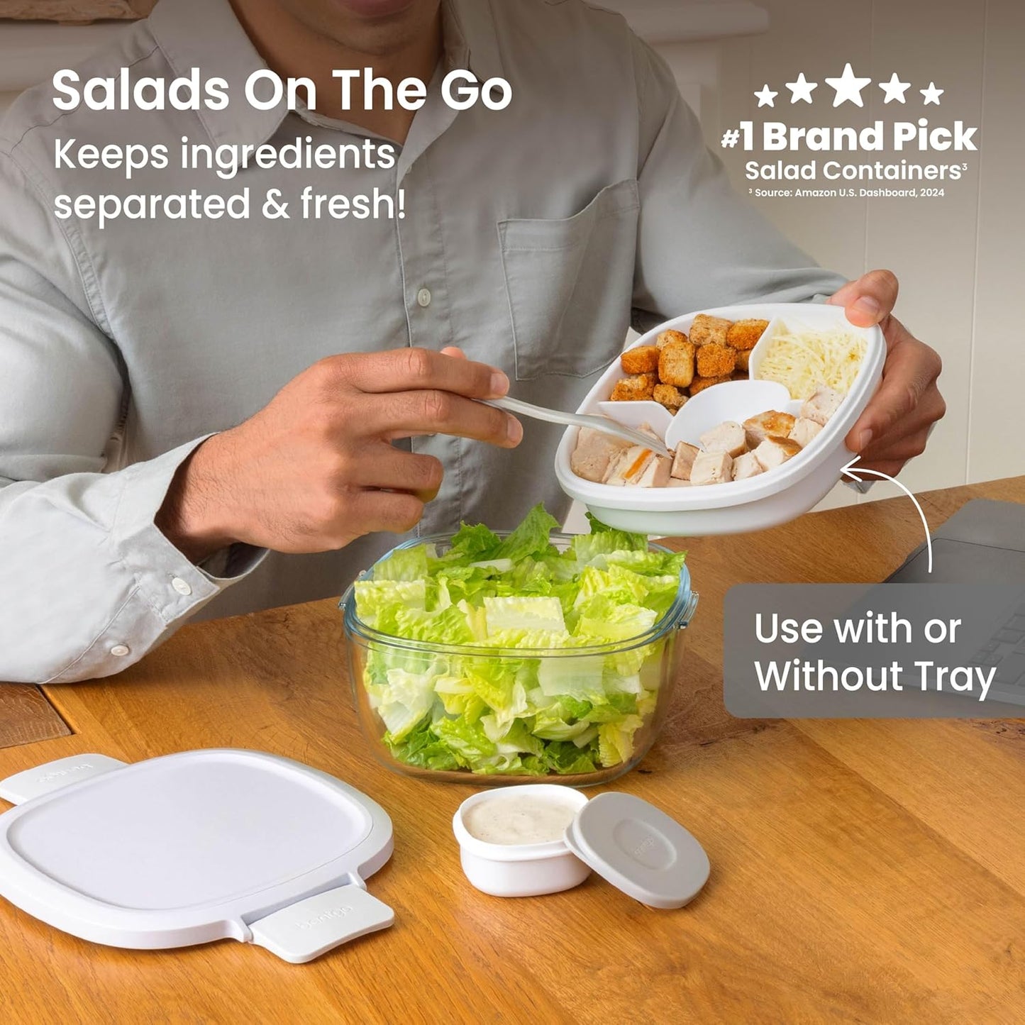 Glass Prints Salad Container - 7.6-Cup Tinted Glass Salad Bowl with Airtight Lid, Leak-Proof Sauce Container, 4-Compartment Bento Meal Prep Tray & Reusable Fork (Floral Maximalist - Sea)