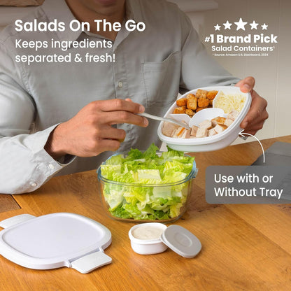 Glass Prints Salad Container - 7.6-Cup Tinted Glass Salad Bowl with Airtight Lid, Leak-Proof Sauce Container, 4-Compartment Bento Meal Prep Tray & Reusable Fork (Floral Maximalist - Sea)