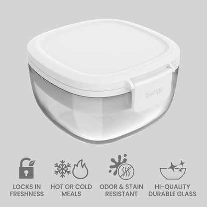 Glass Prints Salad Container - 7.6-Cup Tinted Glass Salad Bowl with Airtight Lid, Leak-Proof Sauce Container, 4-Compartment Bento Meal Prep Tray & Reusable Fork (Floral Maximalist - Sea)