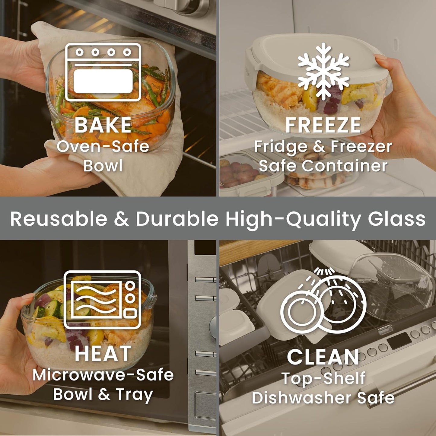 Glass Prints Salad Container - 7.6-Cup Tinted Glass Salad Bowl with Airtight Lid, Leak-Proof Sauce Container, 4-Compartment Bento Meal Prep Tray & Reusable Fork (Floral Maximalist - Sea)