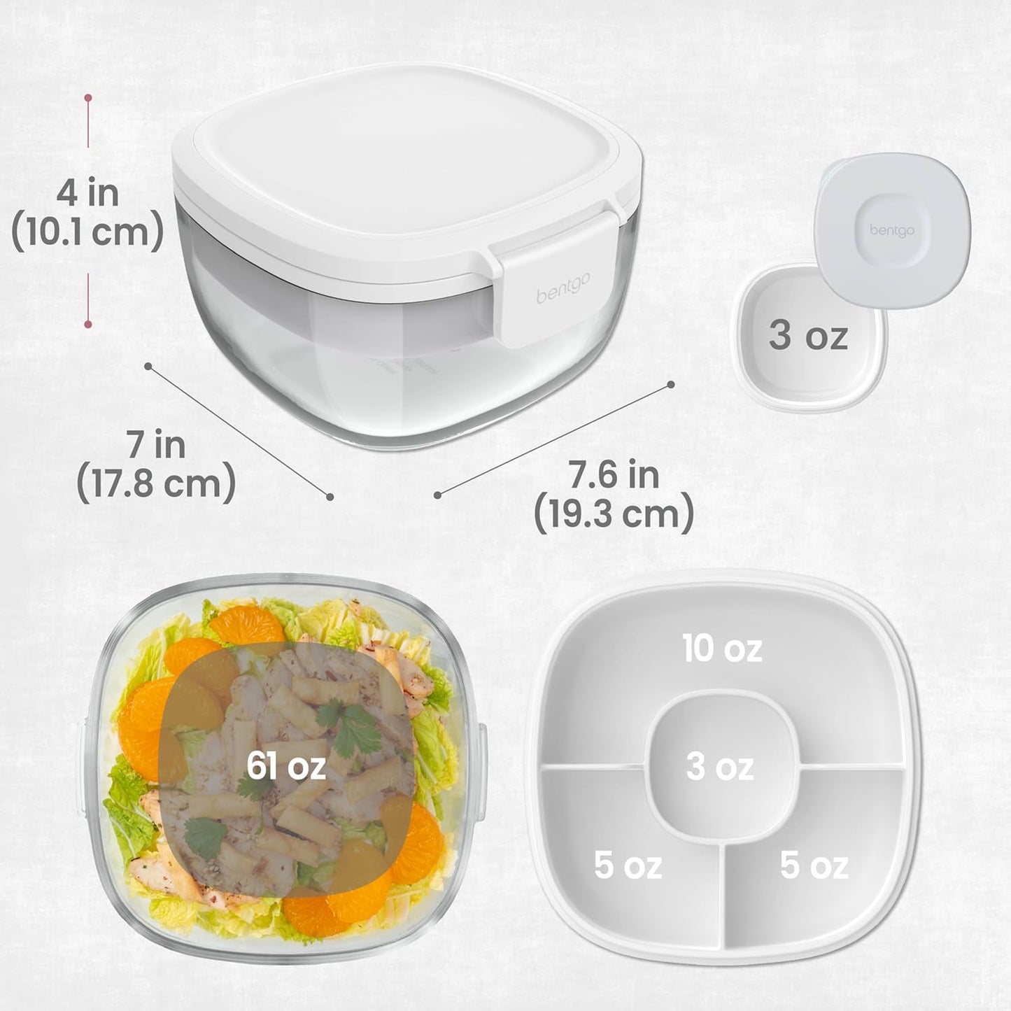 Glass Prints Salad Container - 7.6-Cup Tinted Glass Salad Bowl with Airtight Lid, Leak-Proof Sauce Container, 4-Compartment Bento Meal Prep Tray & Reusable Fork (Floral Maximalist - Sea)
