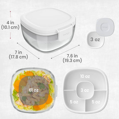Glass Prints Salad Container - 7.6-Cup Tinted Glass Salad Bowl with Airtight Lid, Leak-Proof Sauce Container, 4-Compartment Bento Meal Prep Tray & Reusable Fork (Floral Maximalist - Sea)