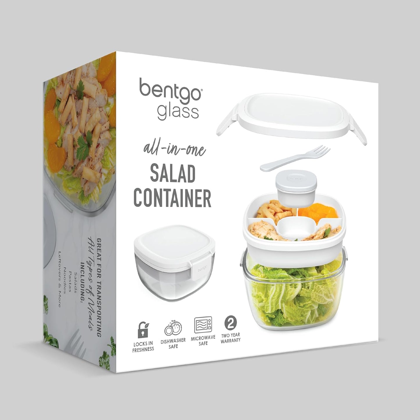 Glass Prints Salad Container - 7.6-Cup Tinted Glass Salad Bowl with Airtight Lid, Leak-Proof Sauce Container, 4-Compartment Bento Meal Prep Tray & Reusable Fork (Floral Maximalist - Sea)