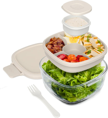 Glass Prints Salad Container - 7.6-Cup Tinted Glass Salad Bowl with Airtight Lid, Leak-Proof Sauce Container, 4-Compartment Bento Meal Prep Tray & Reusable Fork (Floral Maximalist - Sea)