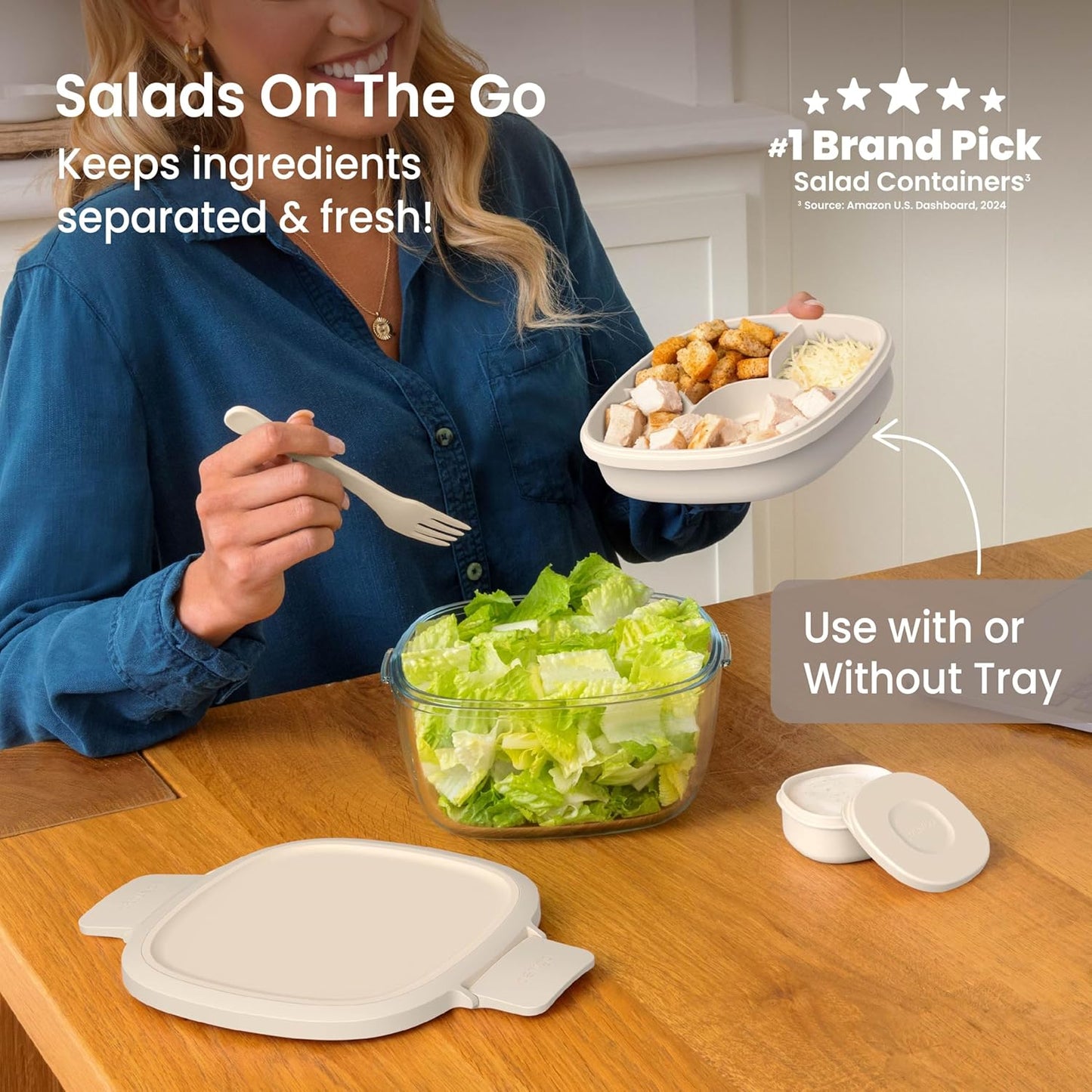 Glass Prints Salad Container - 7.6-Cup Tinted Glass Salad Bowl with Airtight Lid, Leak-Proof Sauce Container, 4-Compartment Bento Meal Prep Tray & Reusable Fork (Floral Maximalist - Sea)
