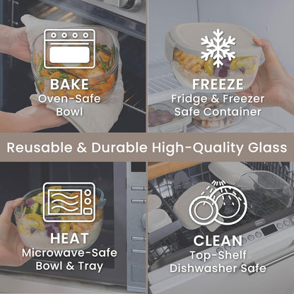 Glass Prints Salad Container - 7.6-Cup Tinted Glass Salad Bowl with Airtight Lid, Leak-Proof Sauce Container, 4-Compartment Bento Meal Prep Tray & Reusable Fork (Floral Maximalist - Sea)