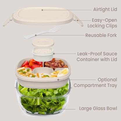 Glass Prints Salad Container - 7.6-Cup Tinted Glass Salad Bowl with Airtight Lid, Leak-Proof Sauce Container, 4-Compartment Bento Meal Prep Tray & Reusable Fork (Floral Maximalist - Sea)