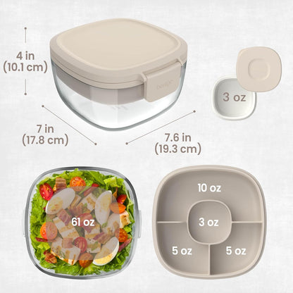 Glass Prints Salad Container - 7.6-Cup Tinted Glass Salad Bowl with Airtight Lid, Leak-Proof Sauce Container, 4-Compartment Bento Meal Prep Tray & Reusable Fork (Floral Maximalist - Sea)