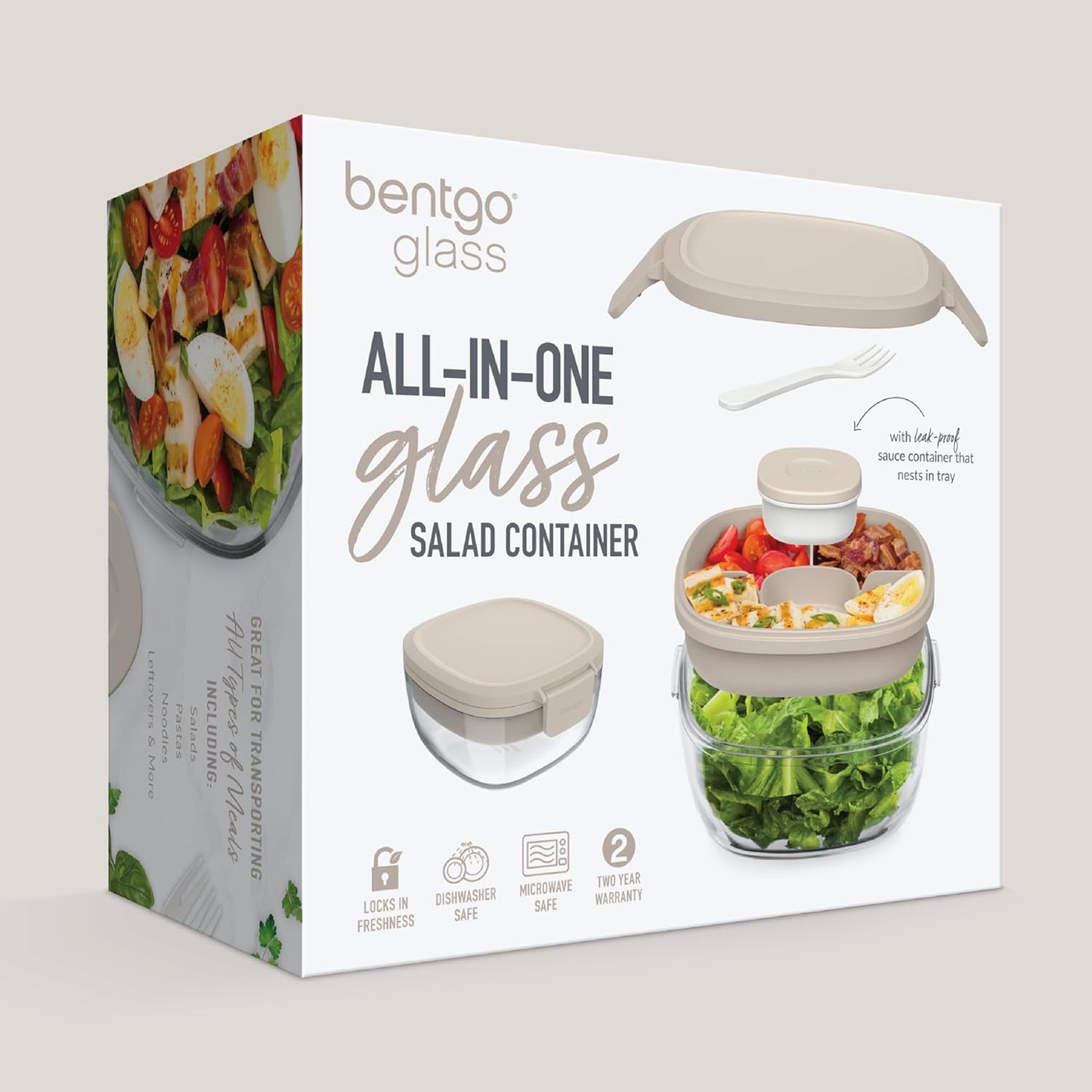 Glass Prints Salad Container - 7.6-Cup Tinted Glass Salad Bowl with Airtight Lid, Leak-Proof Sauce Container, 4-Compartment Bento Meal Prep Tray & Reusable Fork (Floral Maximalist - Sea)