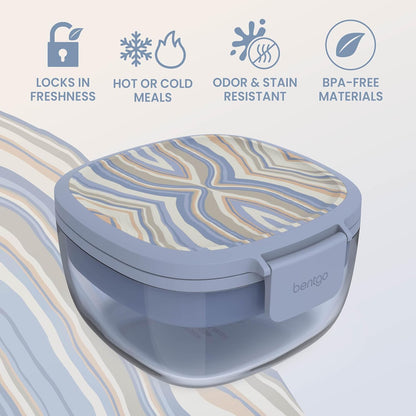 Glass Prints Salad Container - 7.6-Cup Tinted Glass Salad Bowl with Airtight Lid, Leak-Proof Sauce Container, 4-Compartment Bento Meal Prep Tray & Reusable Fork (Floral Maximalist - Sea)