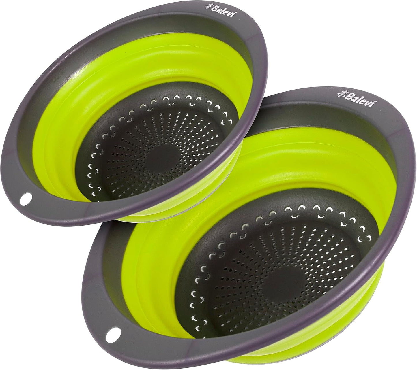 Collapsible Strainers for Kitchen, Green, Set of 2 | Silicone, Collapsible Colander, Little Pegs to Keep Food Elevated