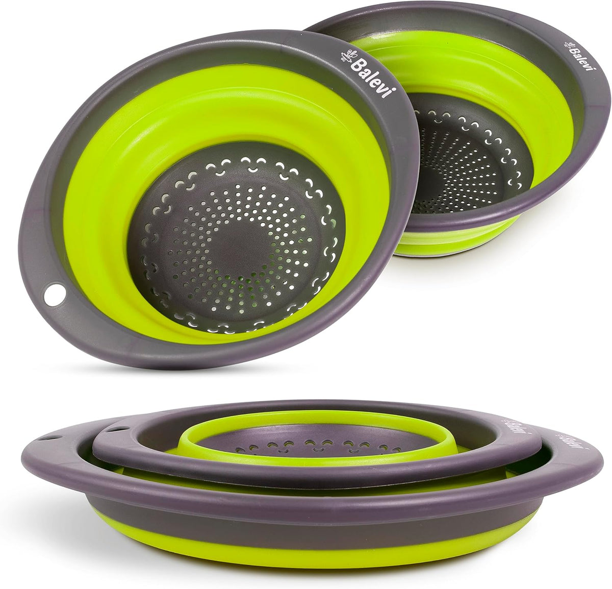 Collapsible Strainers for Kitchen, Green, Set of 2 | Silicone, Collapsible Colander, Little Pegs to Keep Food Elevated