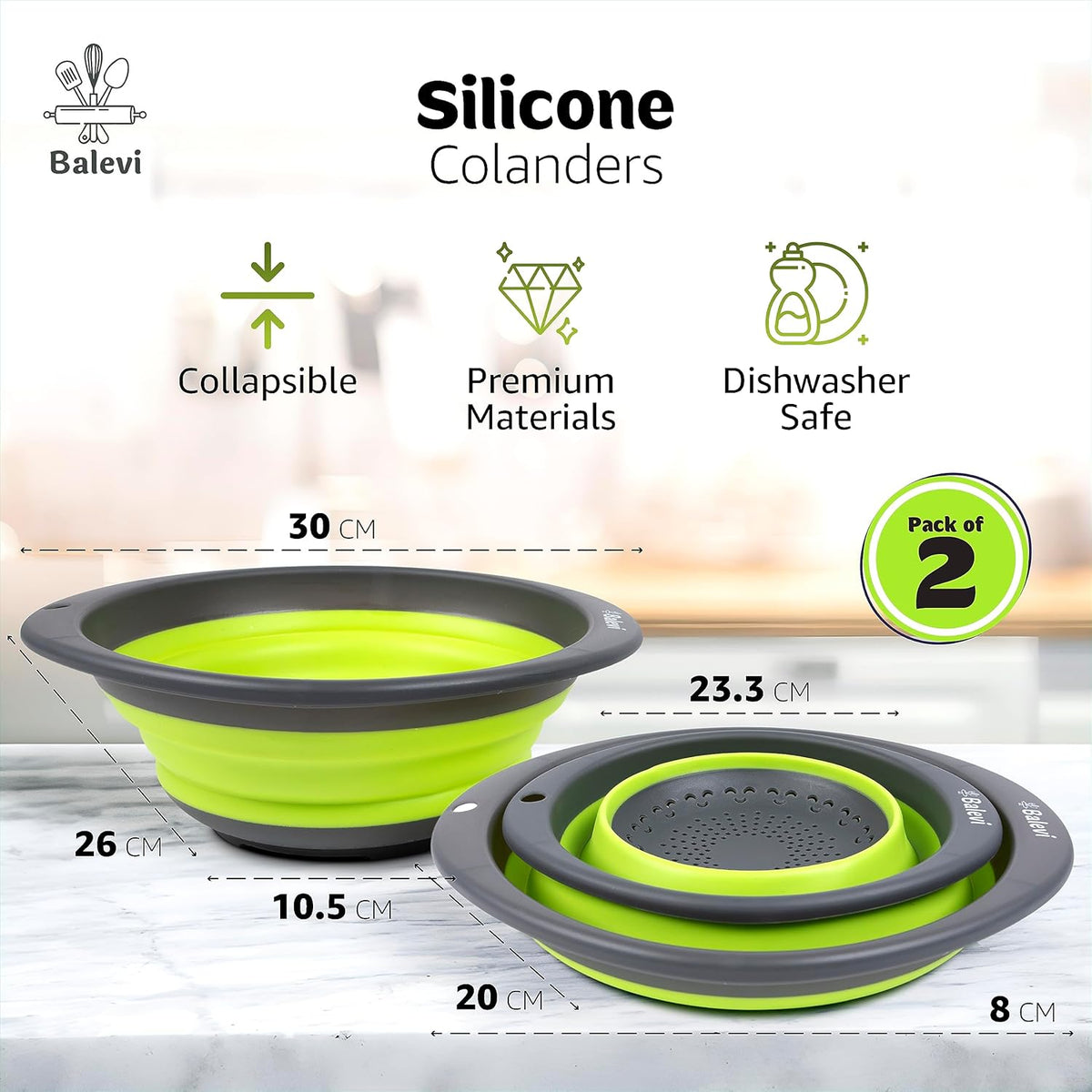 Collapsible Strainers for Kitchen, Green, Set of 2 | Silicone, Collapsible Colander, Little Pegs to Keep Food Elevated