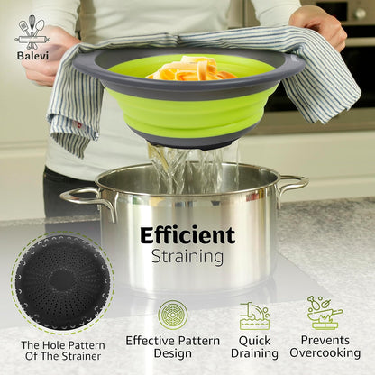 Collapsible Strainers for Kitchen, Green, Set of 2 | Silicone, Collapsible Colander, Little Pegs to Keep Food Elevated