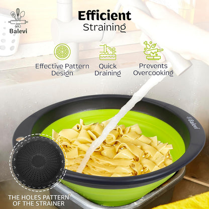 Collapsible Strainers for Kitchen, Green, Set of 2 | Silicone, Collapsible Colander, Little Pegs to Keep Food Elevated