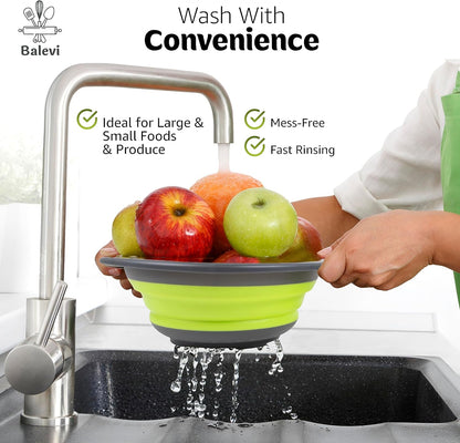 Collapsible Strainers for Kitchen, Green, Set of 2 | Silicone, Collapsible Colander, Little Pegs to Keep Food Elevated