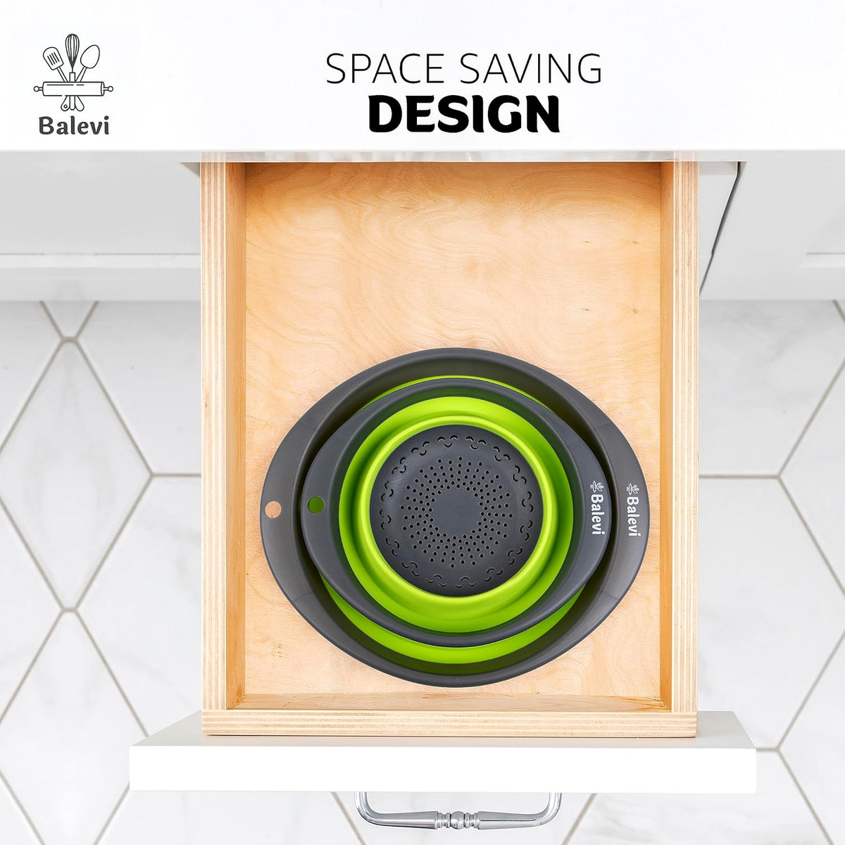 Collapsible Strainers for Kitchen, Green, Set of 2 | Silicone, Collapsible Colander, Little Pegs to Keep Food Elevated