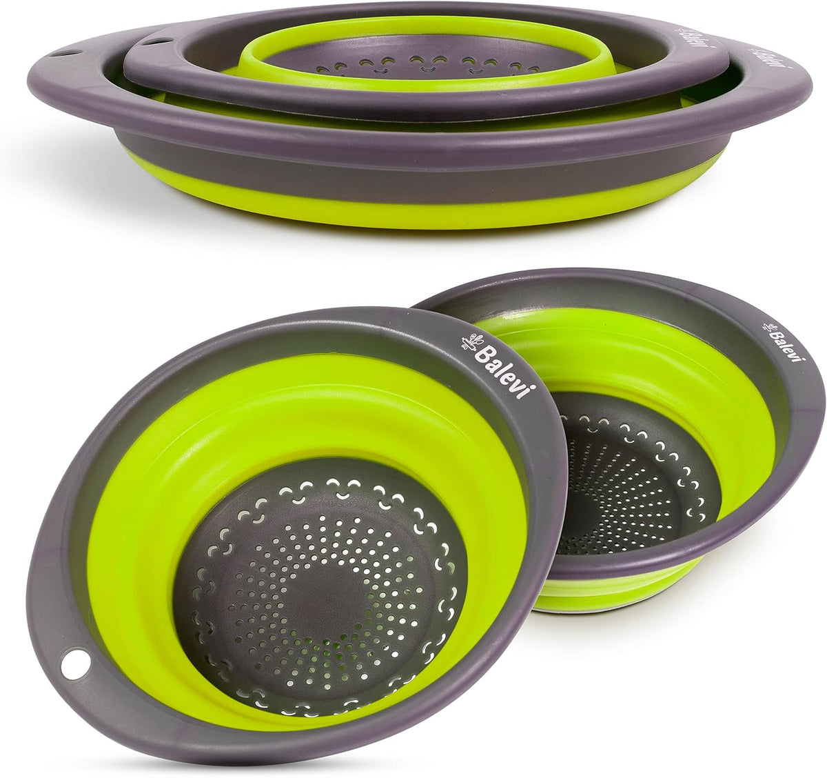 Collapsible Strainers for Kitchen, Green, Set of 2 | Silicone, Collapsible Colander, Little Pegs to Keep Food Elevated