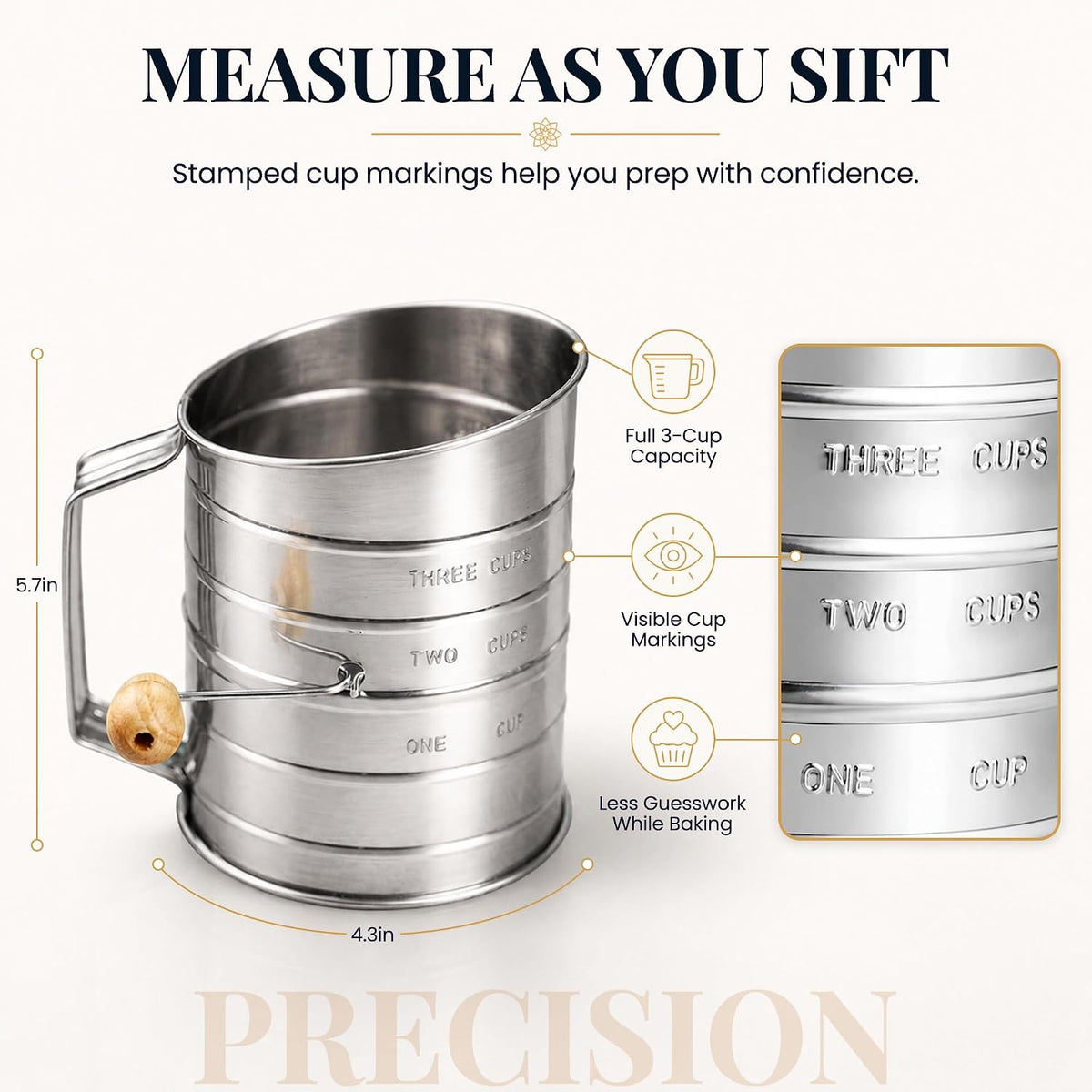 Stainless Steel Flour Sifter for Baking with Hand Crank - 3 Cup
