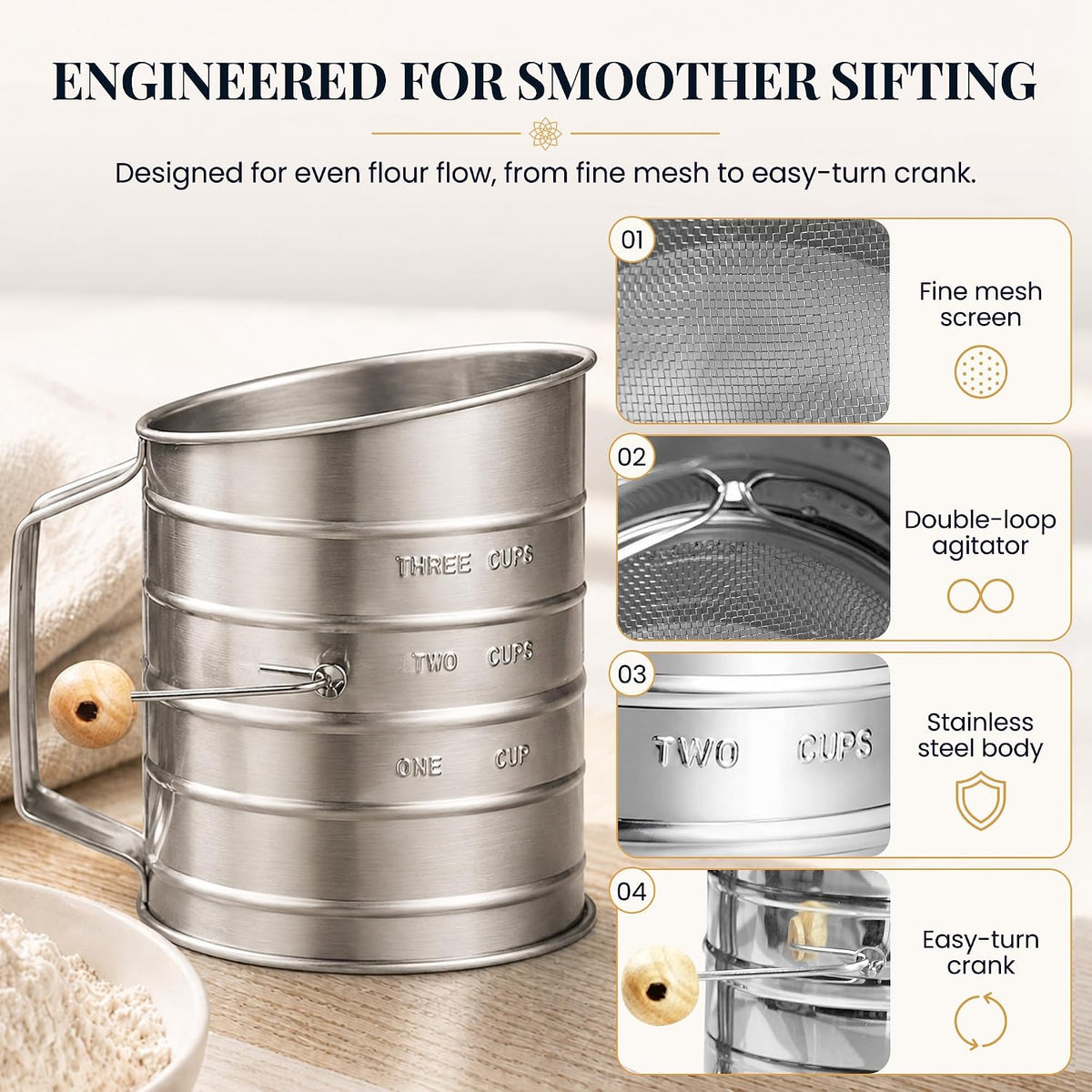 Stainless Steel Flour Sifter for Baking with Hand Crank - 3 Cup