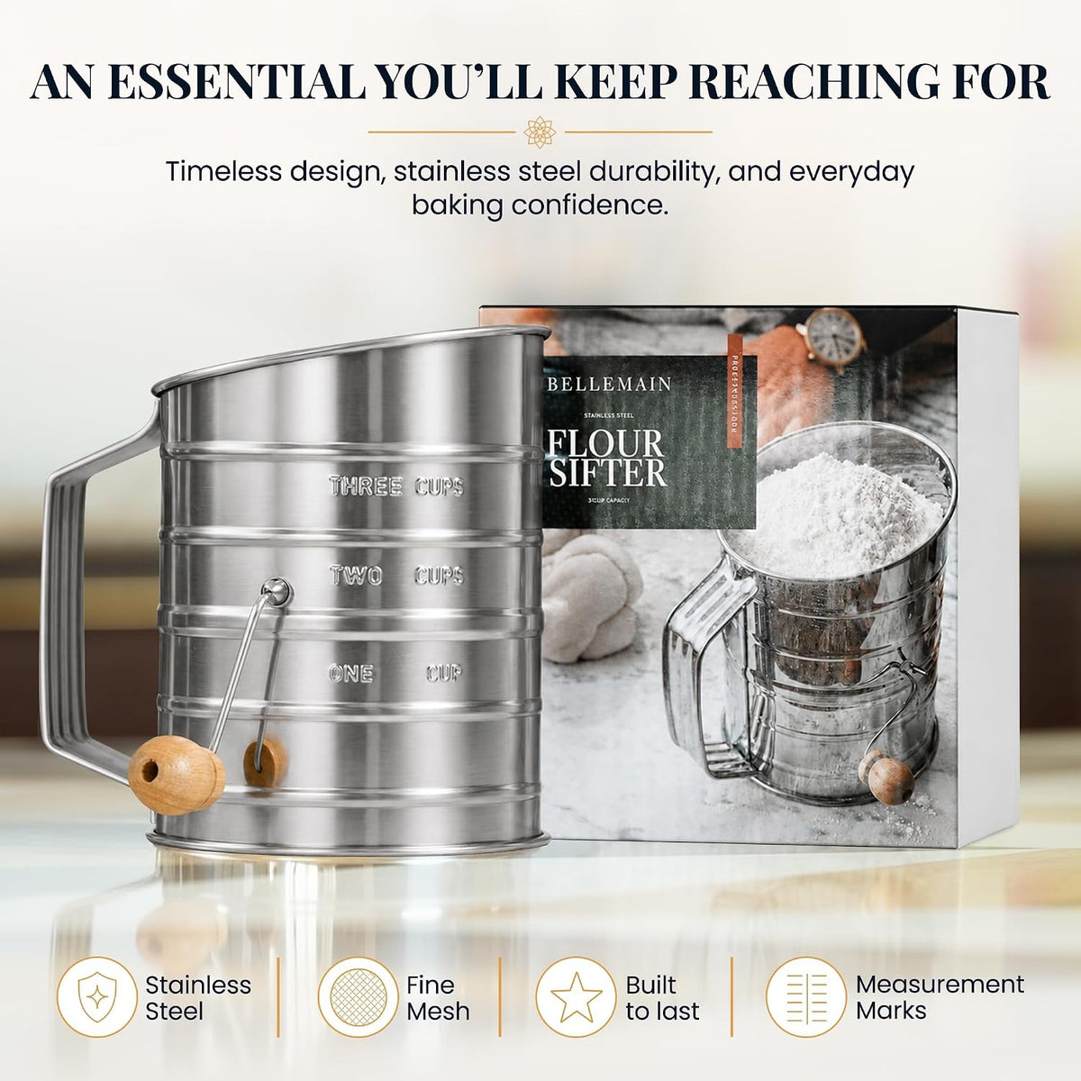 Stainless Steel Flour Sifter for Baking with Hand Crank - 3 Cup