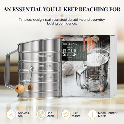 Stainless Steel Flour Sifter for Baking with Hand Crank - 3 Cup