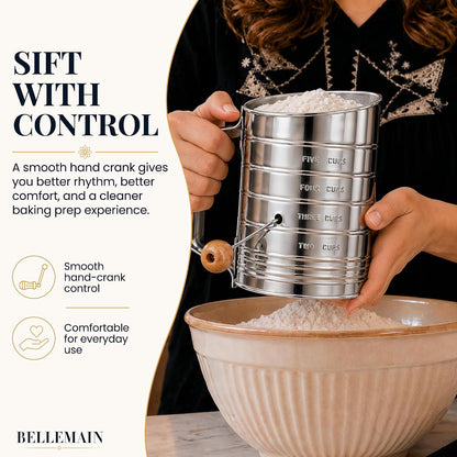 Stainless Steel Flour Sifter for Baking with Hand Crank - 3 Cup
