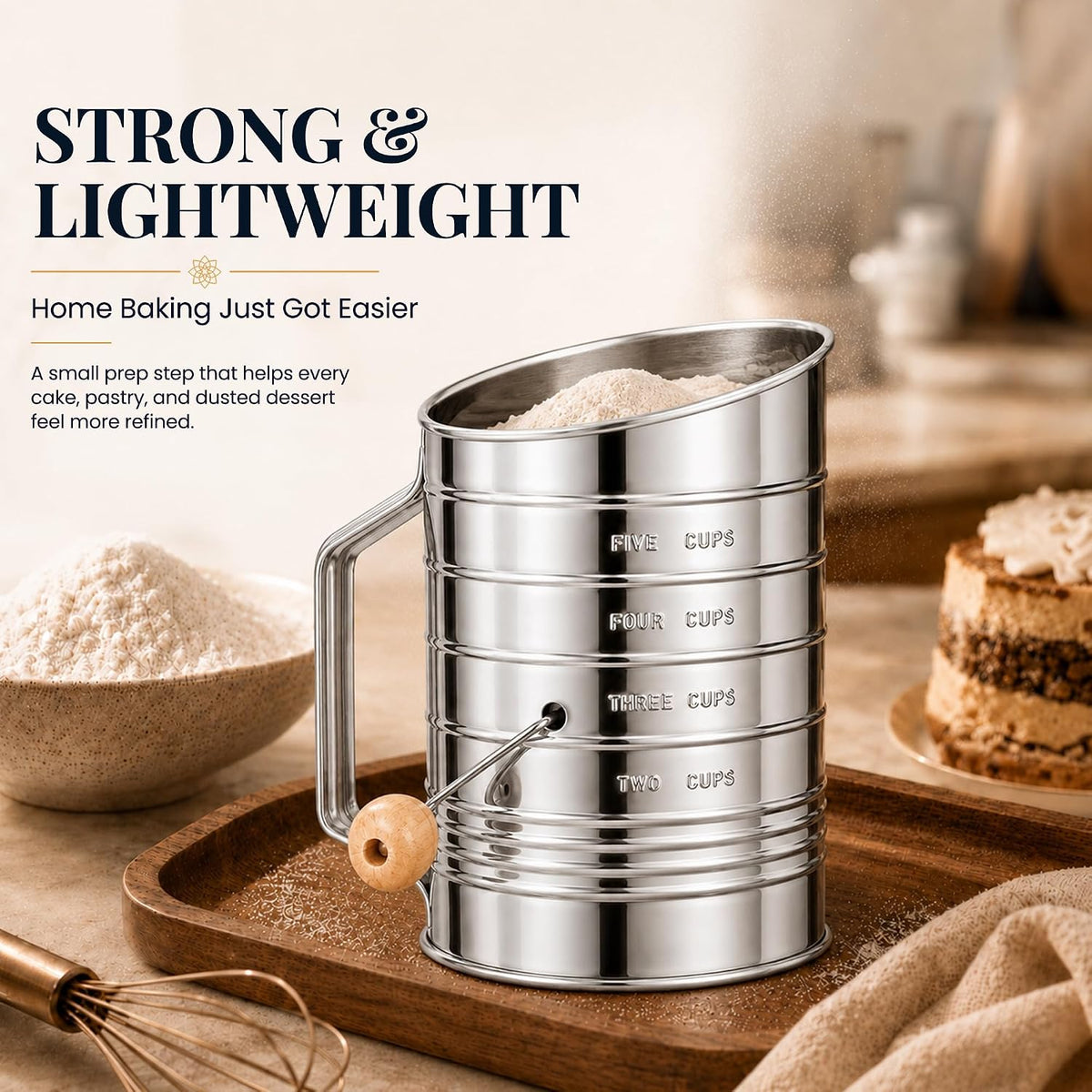 Stainless Steel Flour Sifter for Baking with Hand Crank - 3 Cup