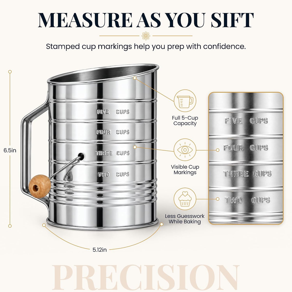 Stainless Steel Flour Sifter for Baking with Hand Crank - 3 Cup