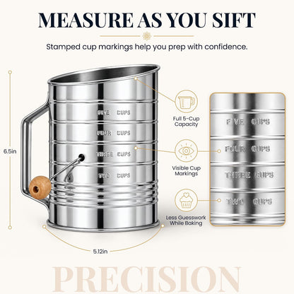 Stainless Steel Flour Sifter for Baking with Hand Crank - 3 Cup