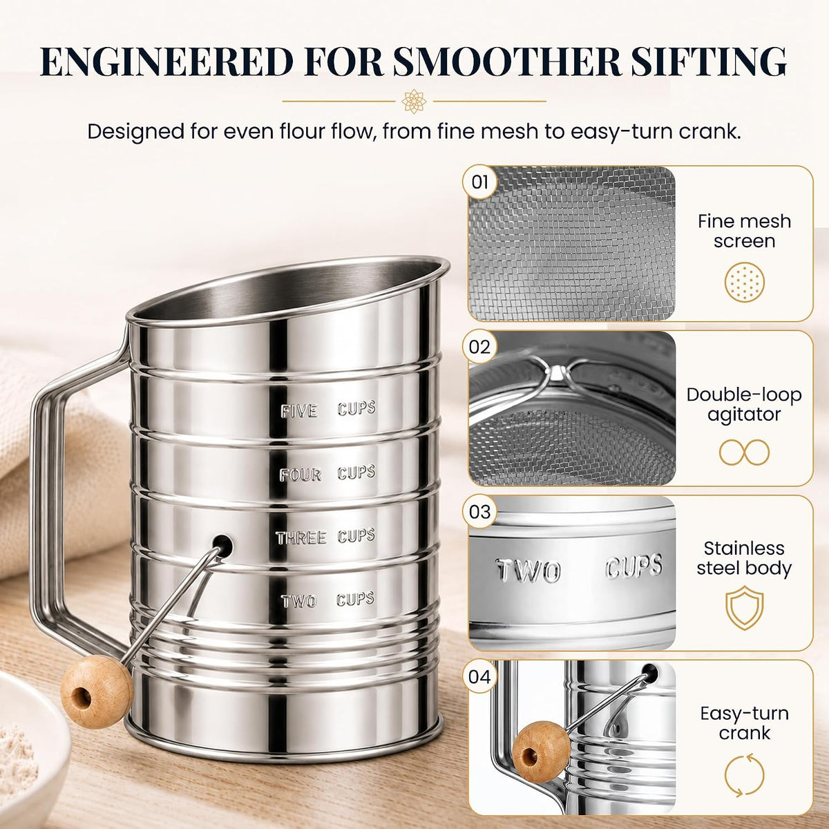 Stainless Steel Flour Sifter for Baking with Hand Crank - 3 Cup