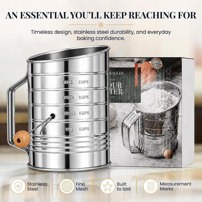 Stainless Steel Flour Sifter for Baking with Hand Crank - 3 Cup