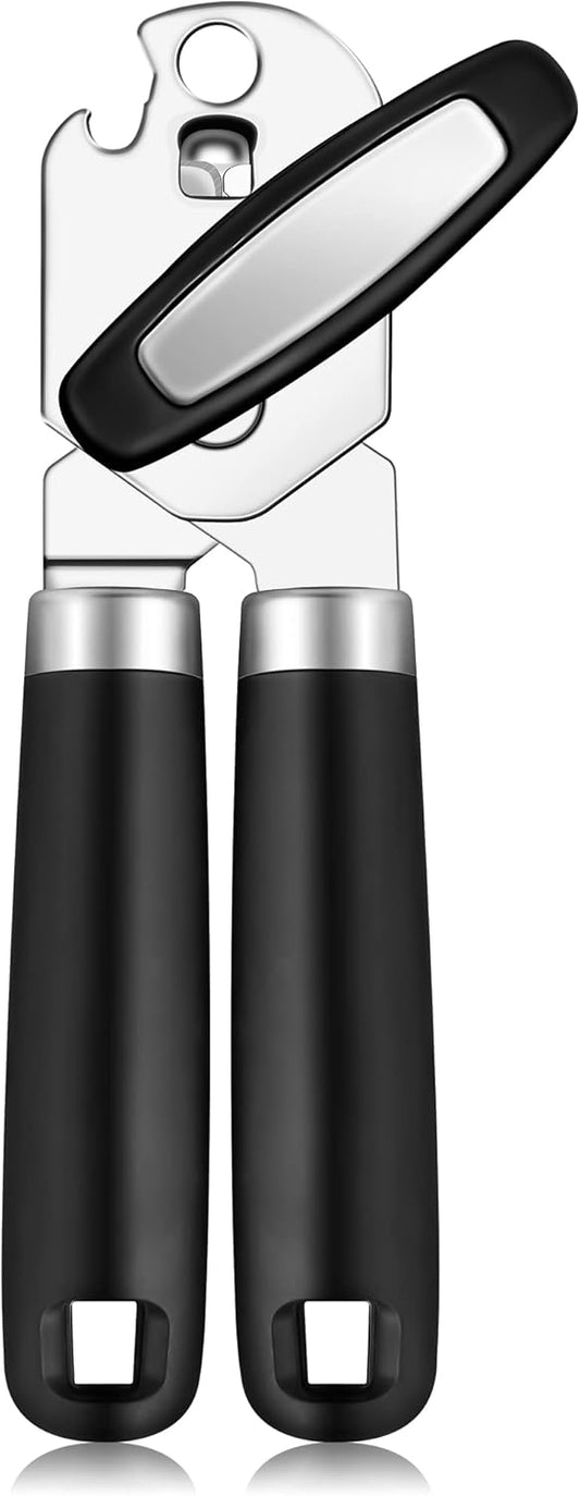 Upgraded Can Opener Manual with Bottle Opener Smooth Edge Cut, Can Opener Heavy Duty, Comfortable Soft Handle, Built-in Bottle Opener, Black