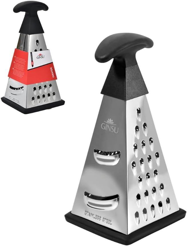 4-Sided Stainless Steel Box Grater, 8-Inch Multi-Function Shredder for Cheese, Vegetables, Spices & Chocolate, Pyramid Design with Non-Slip Base, Dishwasher Safe, Durable Kitchen Tool