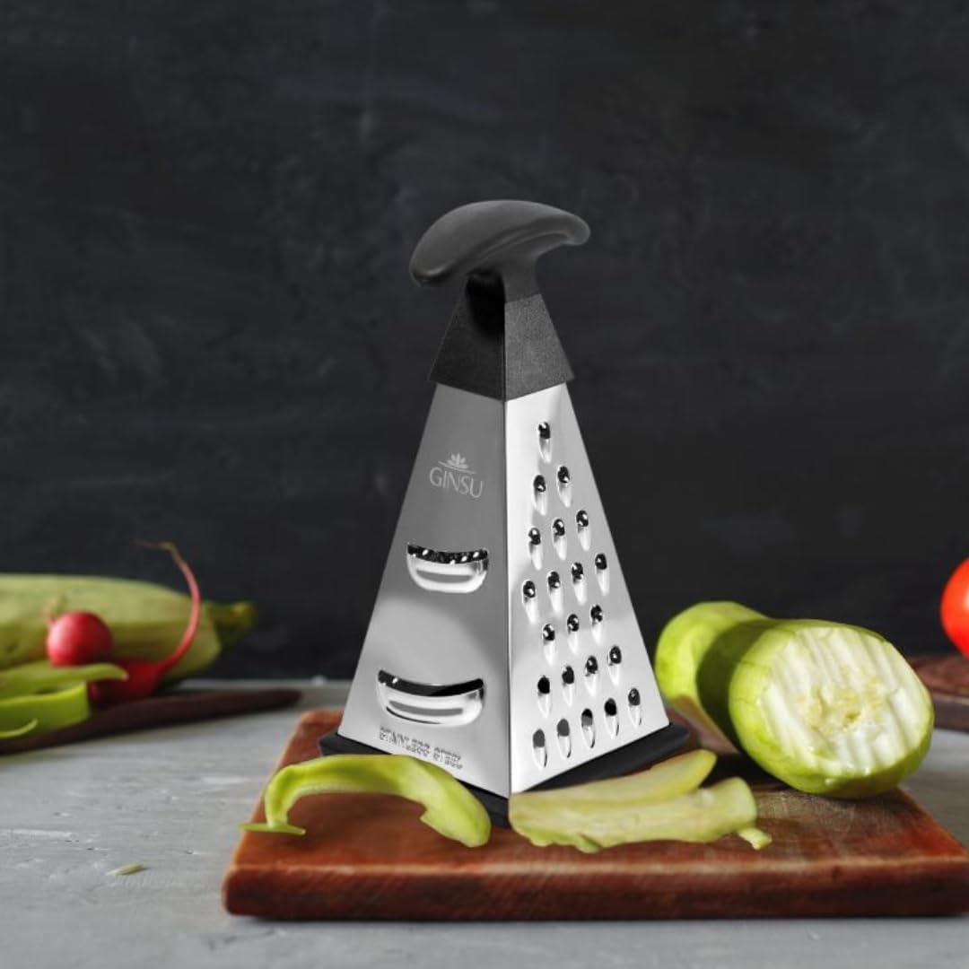 4-Sided Stainless Steel Box Grater, 8-Inch Multi-Function Shredder for Cheese, Vegetables, Spices & Chocolate, Pyramid Design with Non-Slip Base, Dishwasher Safe, Durable Kitchen Tool