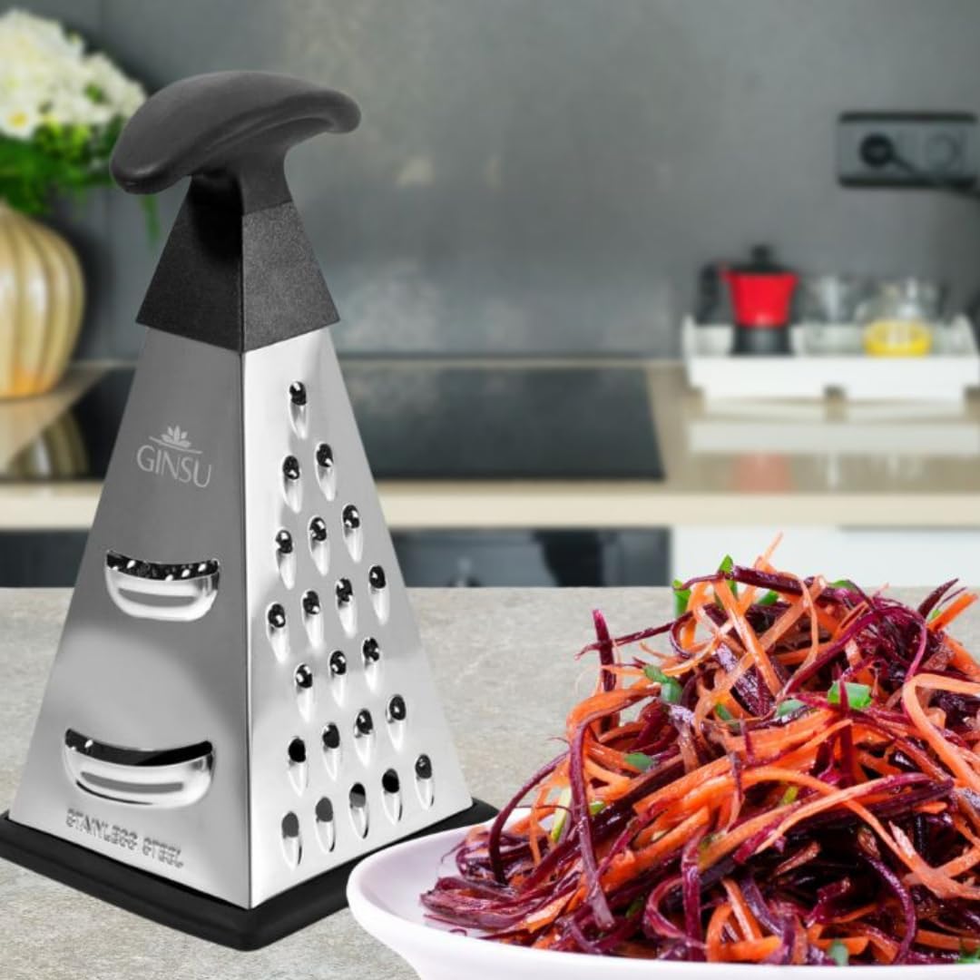 4-Sided Stainless Steel Box Grater, 8-Inch Multi-Function Shredder for Cheese, Vegetables, Spices & Chocolate, Pyramid Design with Non-Slip Base, Dishwasher Safe, Durable Kitchen Tool