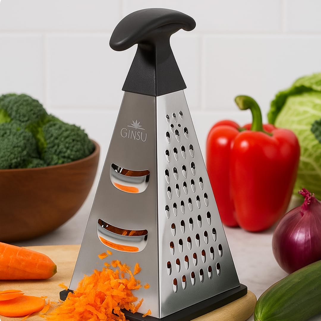 4-Sided Stainless Steel Box Grater, 8-Inch Multi-Function Shredder for Cheese, Vegetables, Spices & Chocolate, Pyramid Design with Non-Slip Base, Dishwasher Safe, Durable Kitchen Tool