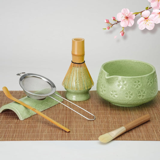8 Pcs Matcha Whisk Set, Matcha Kit Gifts for Women, Mottled Green | Matcha Bowl, Whisk, Holder, Cleaning Brush, Bamboo Scoop, 304 Sifter, Tool Holder, Tea Mat, Great Gift for Mom and Lovers